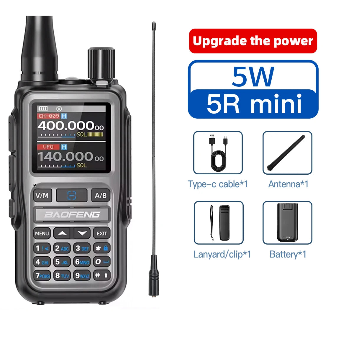 Baofeng UV 5RMINI Walkie Talkie de lectura de frecuencia inalámbrica AM de largo alcance cargador multibanda tipo C Radioaficionado 1 ud.