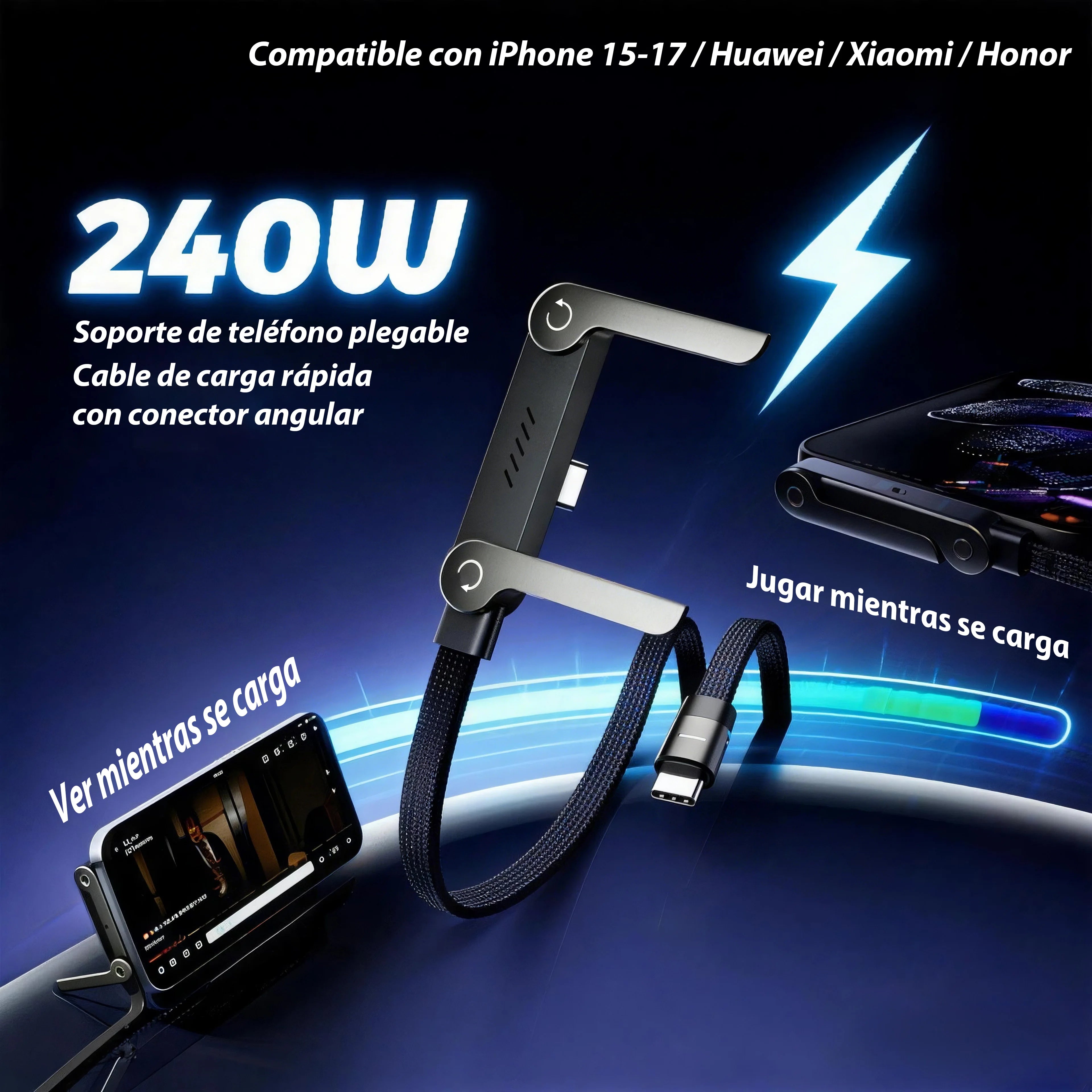 Cable tipo c carga ultra rapida reforzado Cable de Carga Rápida Tipo C a Tipo C de 240W, con Soporte Plegable para Teléfono, para iPhone 17/16/15, para Cargador Samsung