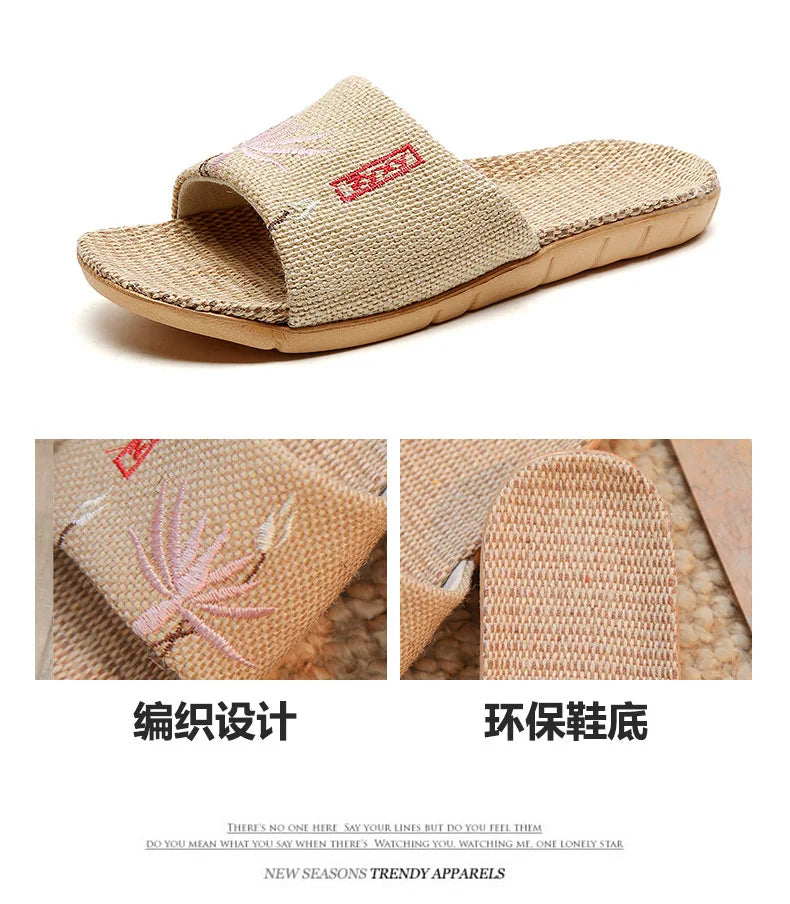 Zapatillas de lino antideslizantes para mujer, sandalias bordadas para el hogar, interior, Verano