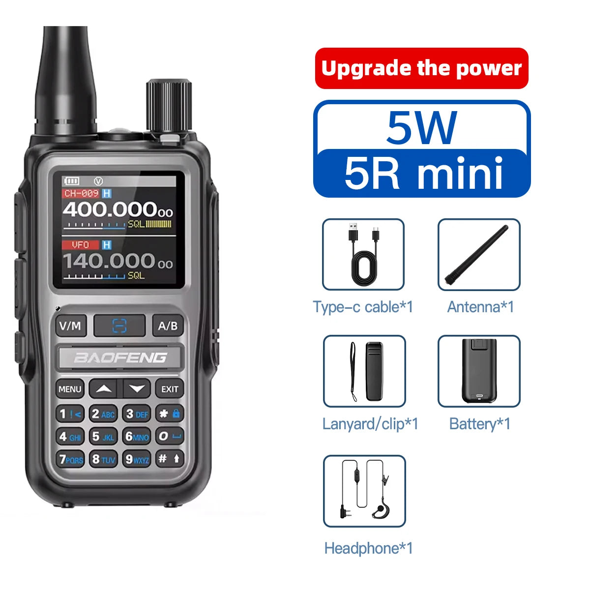 Baofeng UV 5RMINI Walkie Talkie de lectura de frecuencia inalámbrica AM de largo alcance cargador multibanda tipo C Radioaficionado 1 ud.