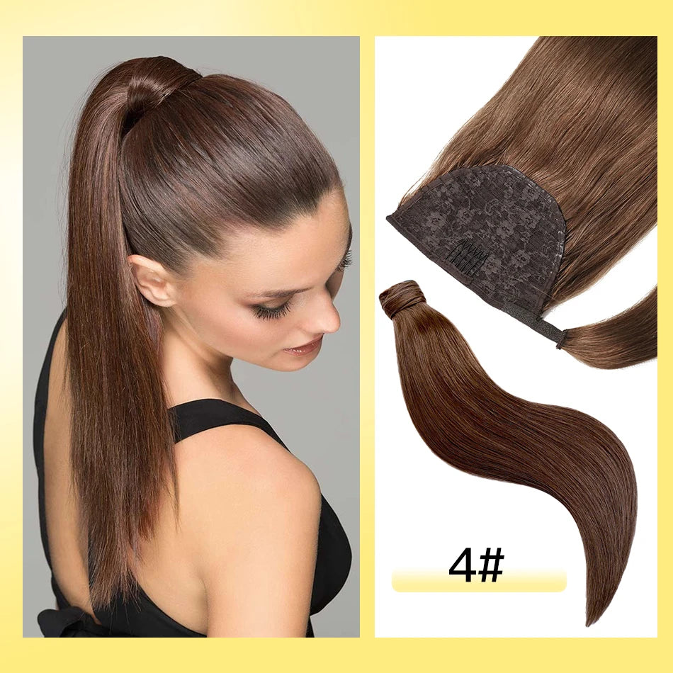 Cola de Caballo de cabello humano Yelo, Clip envolvente en pieza de cabello, extensión de cola de caballo, cabello humano liso con pasta mágica