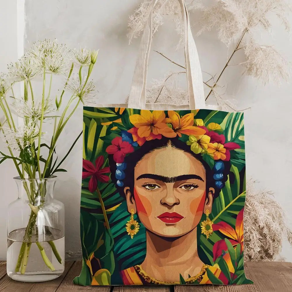 Bolsos de Almacenamiento Art F-Frida Kahlo, Bolso Tote de Lona con Estampado a Doble Cara, Bolso de Hombro de Gran Capacidad para Mujer