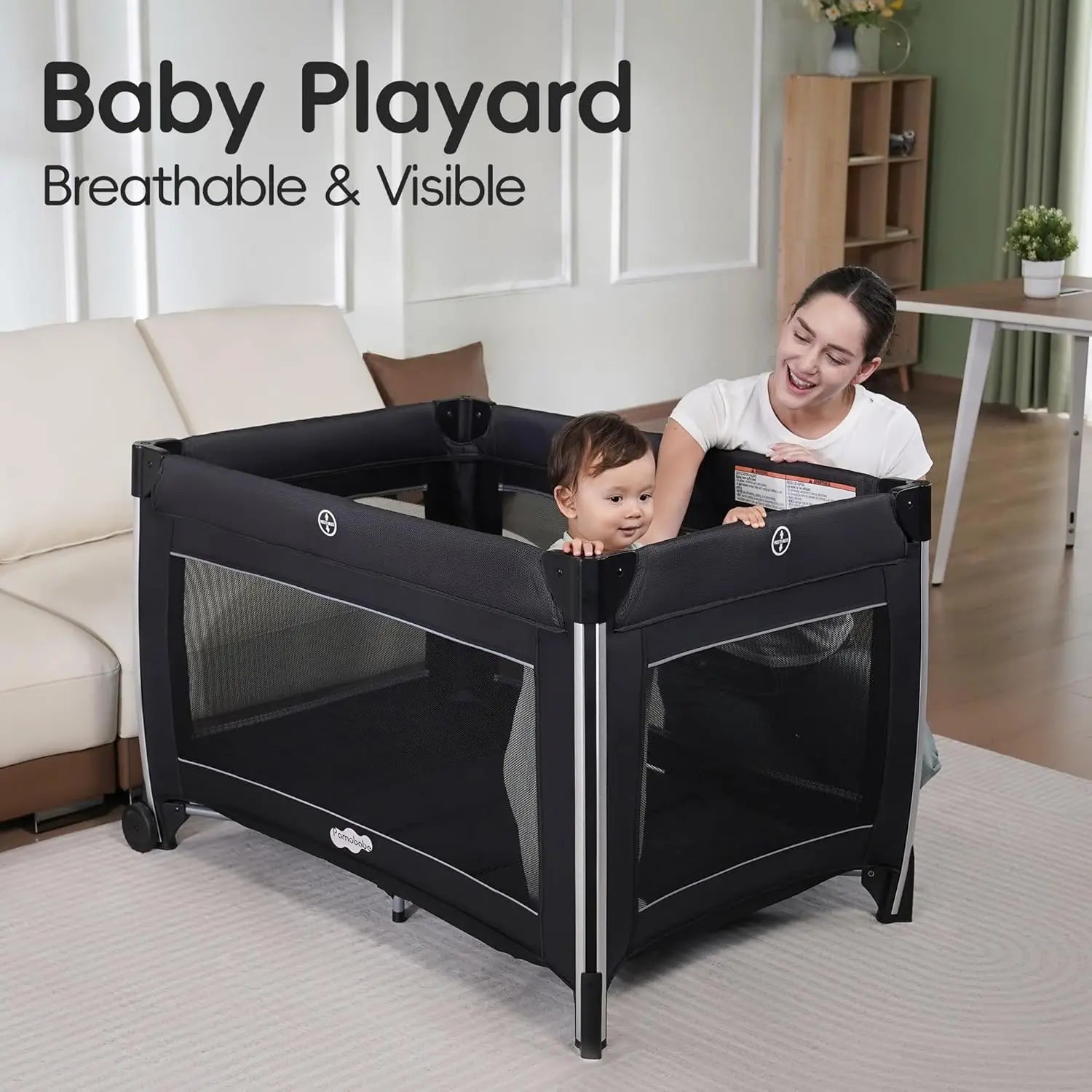 Pamo Babe 4 en 1: Corralito para Bebé con Cesta y Cambiador, Cuna Portátil con Malla Transpirable y Móvil de Juguetes