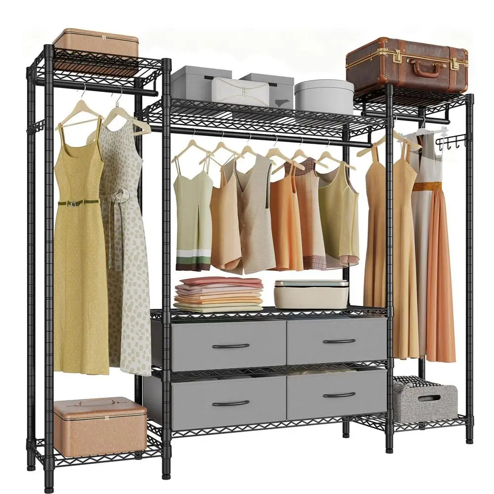 Armario Armable para Ropa con 3 Barras para Colgar, 6 Estantes, 2 Ganchos y 4 Cajones para Guardar Ropa, 144 x 37 x 180 cm, Rack para Ropa