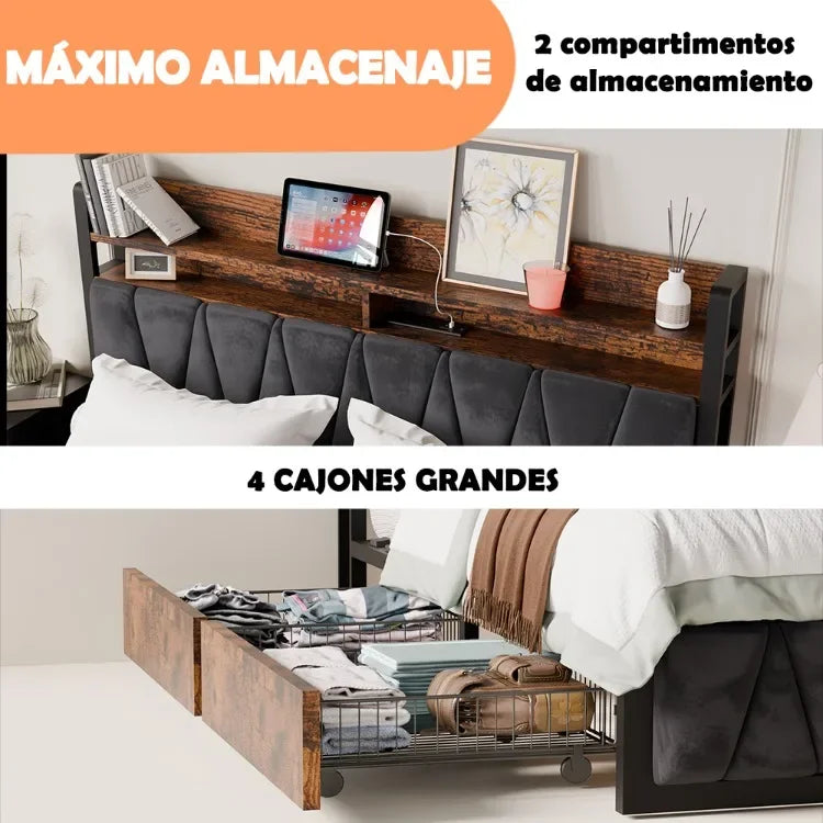 Base de Cama con Cabecero y Cajones, Somier de Madera para Colchón Matrimonial, Muebles para el Hogar