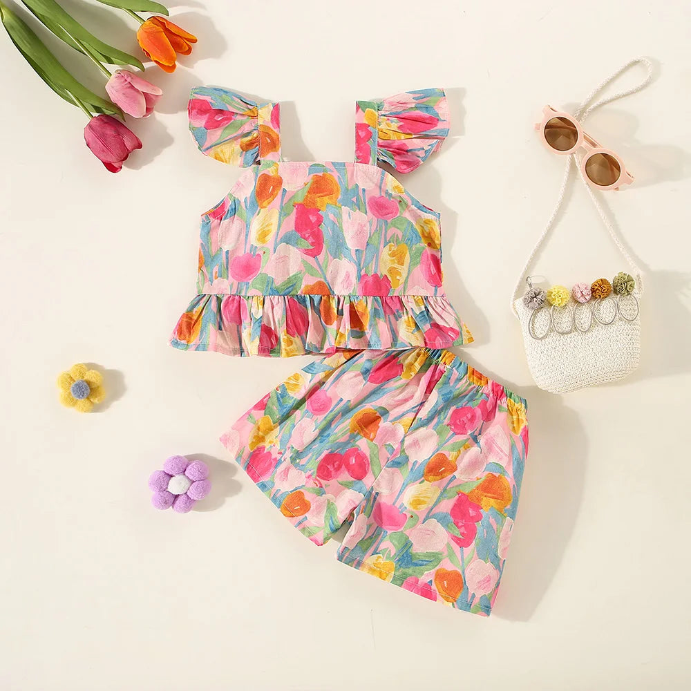 Conjunto de verano de 2 piezas con tirantes y pantalones cortos para niña, Top con tirantes de manga voladora pequeña con estampado de tulipán de dibujos animados
