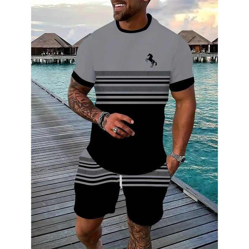 Conjunto informal de dos piezas con estampado 3D a rayas para hombre, camiseta de manga corta y pantalones cortos, conjunto para deportes al aire libre diarios de tela de poliéster