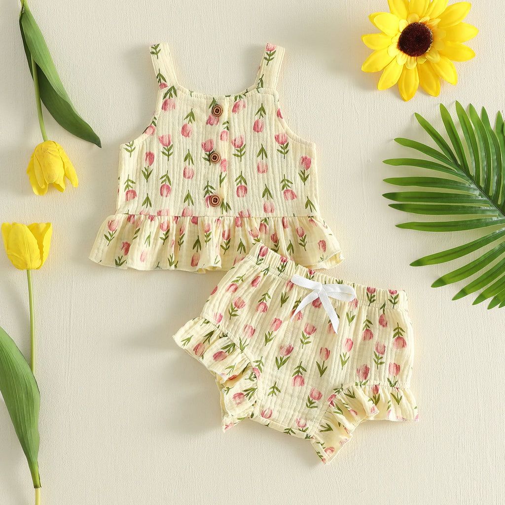 Lioraitiin Conjunto de verano para niñas con estampado floral de tulipanes, sin mangas, cuello cuadrado, camisetas sin mangas, pantalones cortos elásticos con volantes, conjunto de 2 piezas