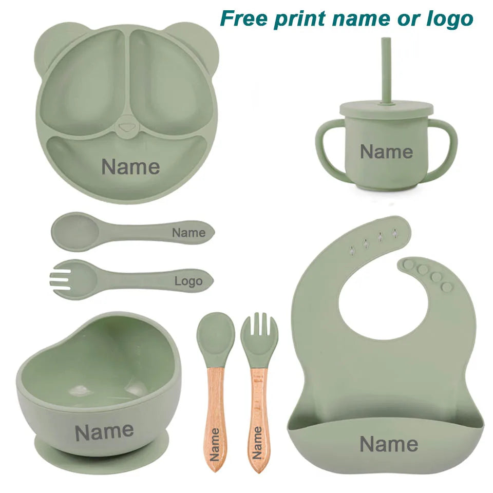 Vajilla de silicona para niños, juego de alimentación de bebé, plato de dibujos animados, nombre personalizado, taza con ventosa, plato, babero, regalo para recién nacido, 8 Uds./5 uds.