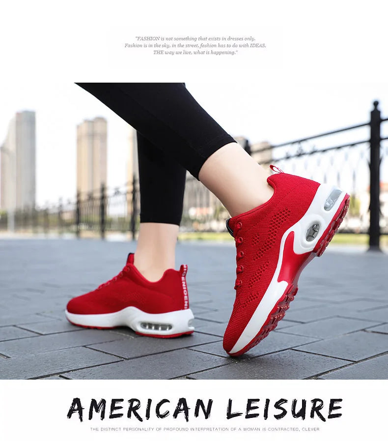 Zapatos deportivos transpirables con amortiguación de aire para mujer, zapatillas informales con cordones cruzados y tacón plano con punta redonda de estilo coreano