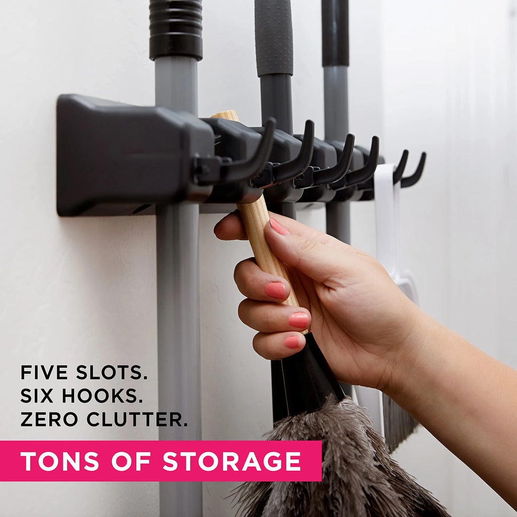 Soporte para fregona montado en la pared, colgador multifuncional de 3/4/5 posiciones, estante de almacenamiento de plástico mágico negro para cocina y hogar