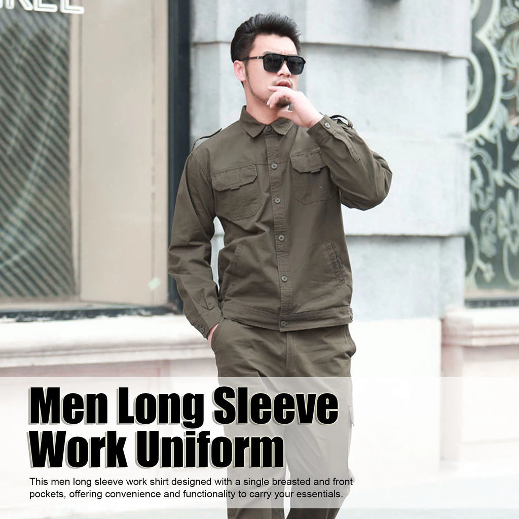 Camisa de trabajo para hombre, uniforme Industrial de algodón de manga larga verde, duradera, transpirable para construcción, uso diario al aire libre