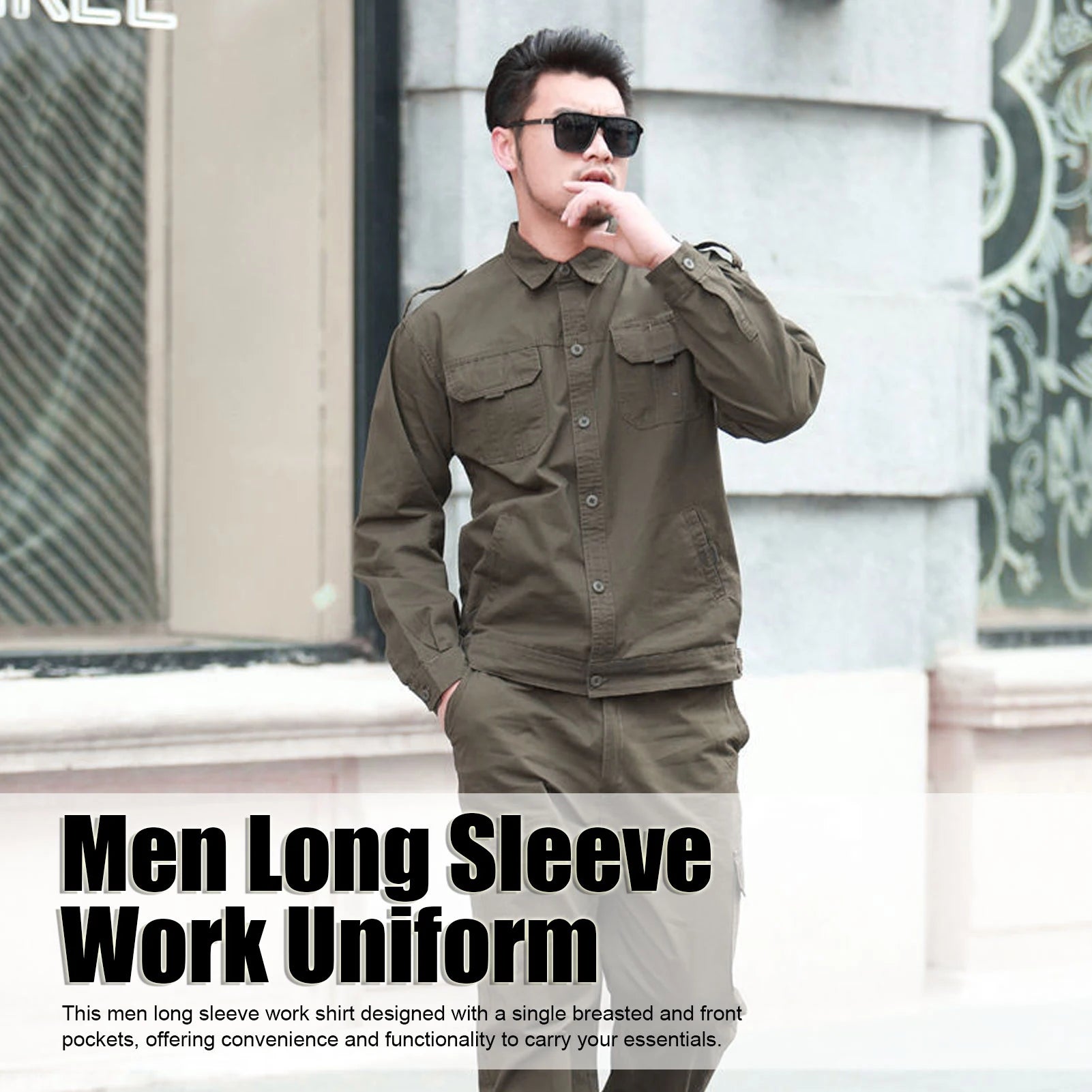 Camisa de trabajo para hombre, uniforme Industrial de algodón de manga larga verde, duradera, transpirable para construcción, uso diario al aire libre