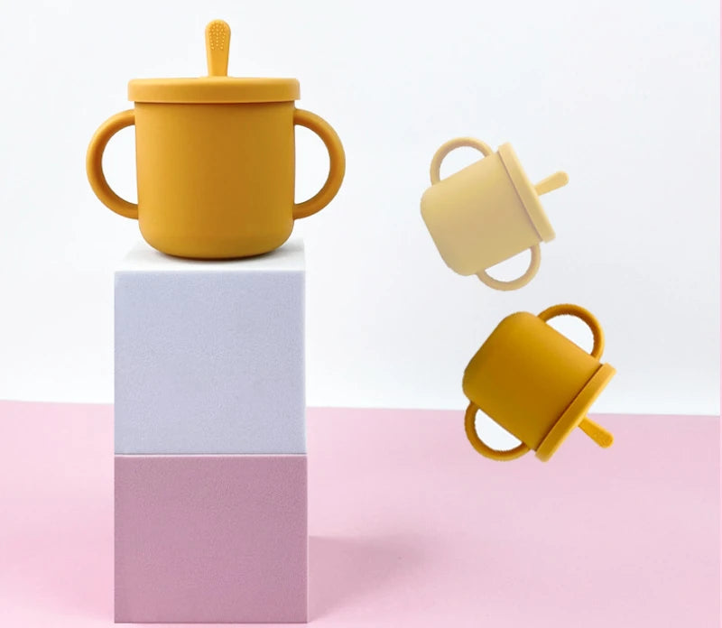 Juego de alimentación de bebé de silicona sin BPA, cuenco con ventosa, plato de comedor, taza de paja, cuchara, tenedores para niños, vajilla para bebés, platos para niños