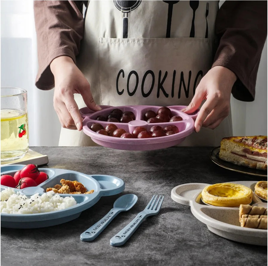 3 unids/set vajilla de alimentación de comida para bebé tazón de oso de dibujos animados + cuchara + tenedor vajilla para comer platos para niños plato de comedor para niños