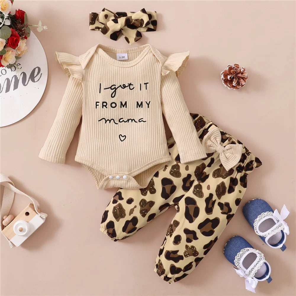 Conjunto de ropa para niña recién nacida de 0 a 18 meses, mono de manga larga, pantalones de leopardo y diadema, 3 uds., trajes de moda de otoño para niño niña
