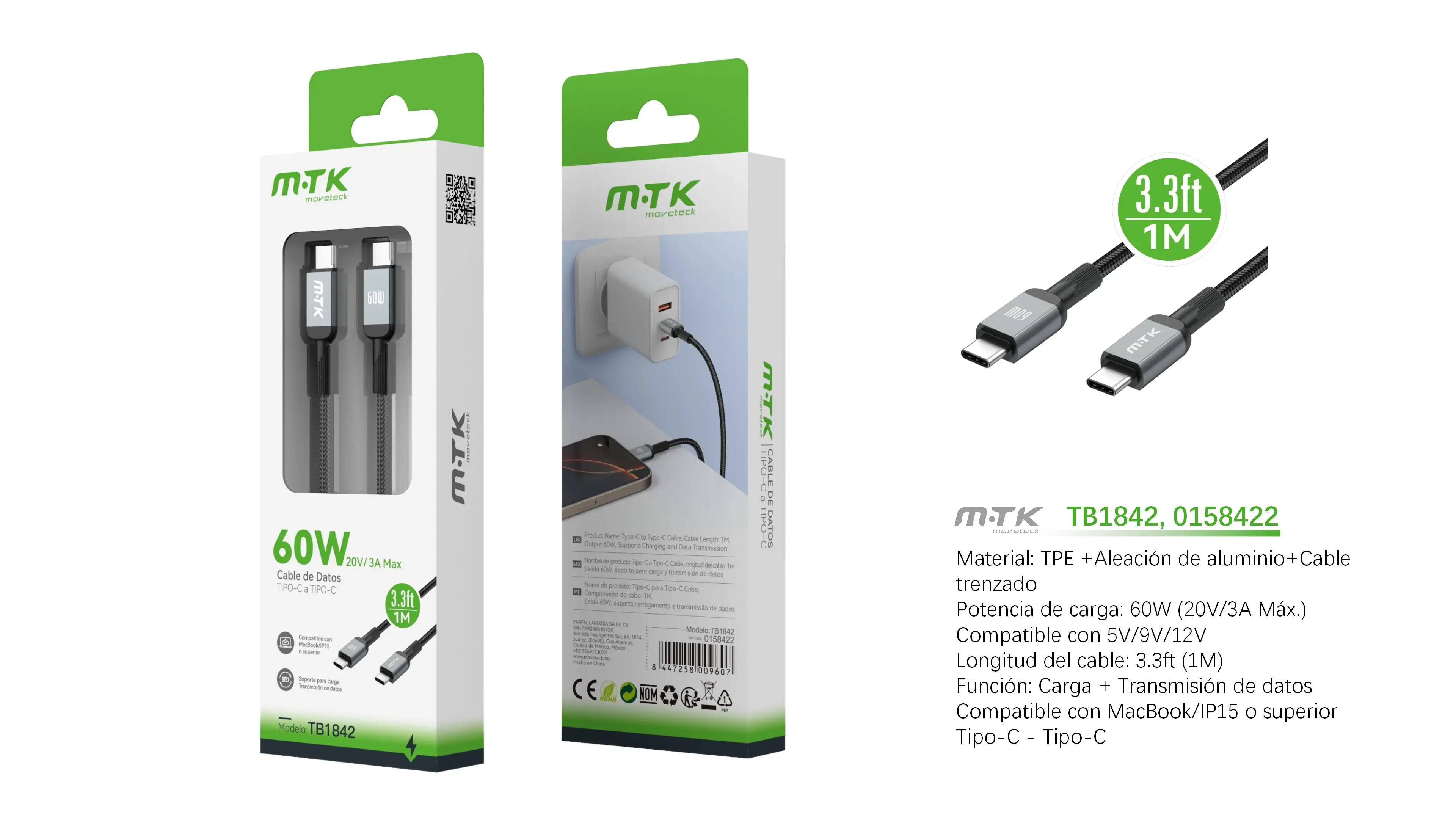 Cable USB C a USB C de 60w y 1M, Tipo C a Tipo C, Carga Rápida 20V 3A, Compatible con Smartphone Galaxy, Macbook Pro, MacBook Air