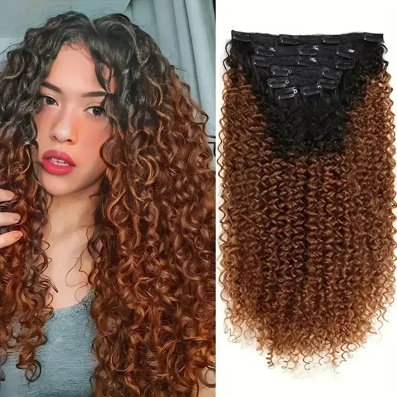 Extensiones de cabello con Clip rizado largo sintético para mujer, postizos rizados con Clip, piezas falsas de cabeza completa, pelo negro y marrón