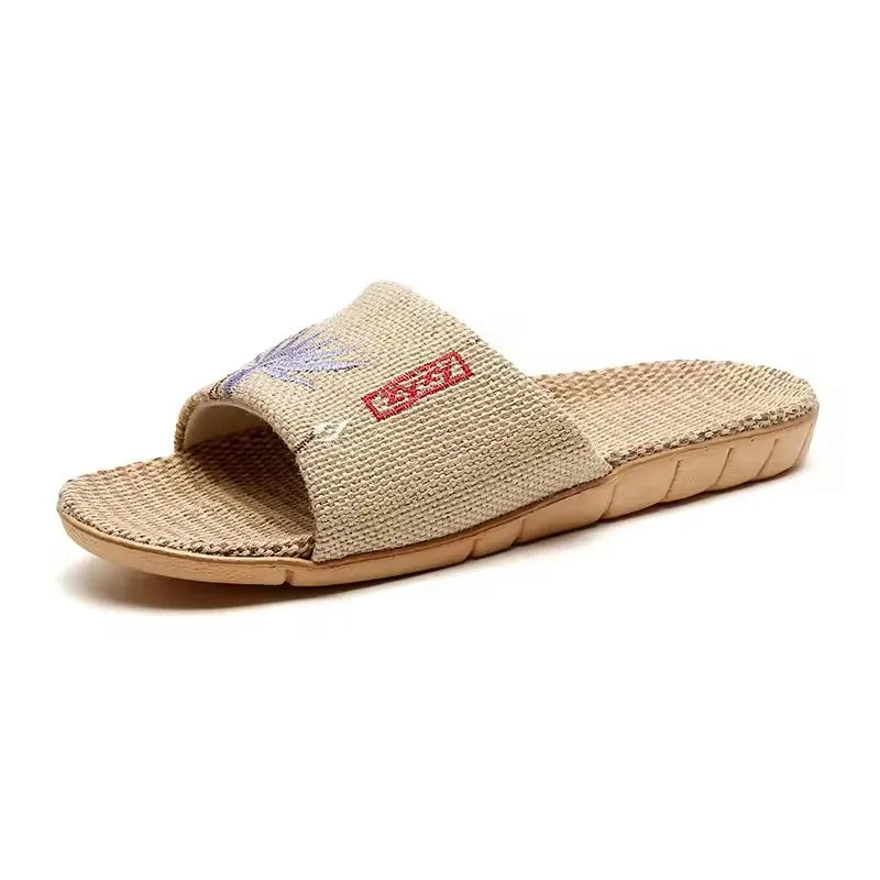 Zapatillas de lino antideslizantes para mujer, sandalias bordadas para el hogar, interior, Verano