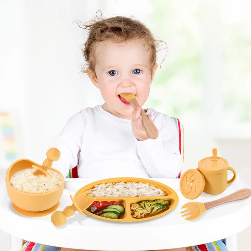 Juego de alimentación de bebé de silicona sin BPA, cuenco con ventosa, plato de comedor, taza de paja, cuchara, tenedores para niños, vajilla para bebés, platos para niños