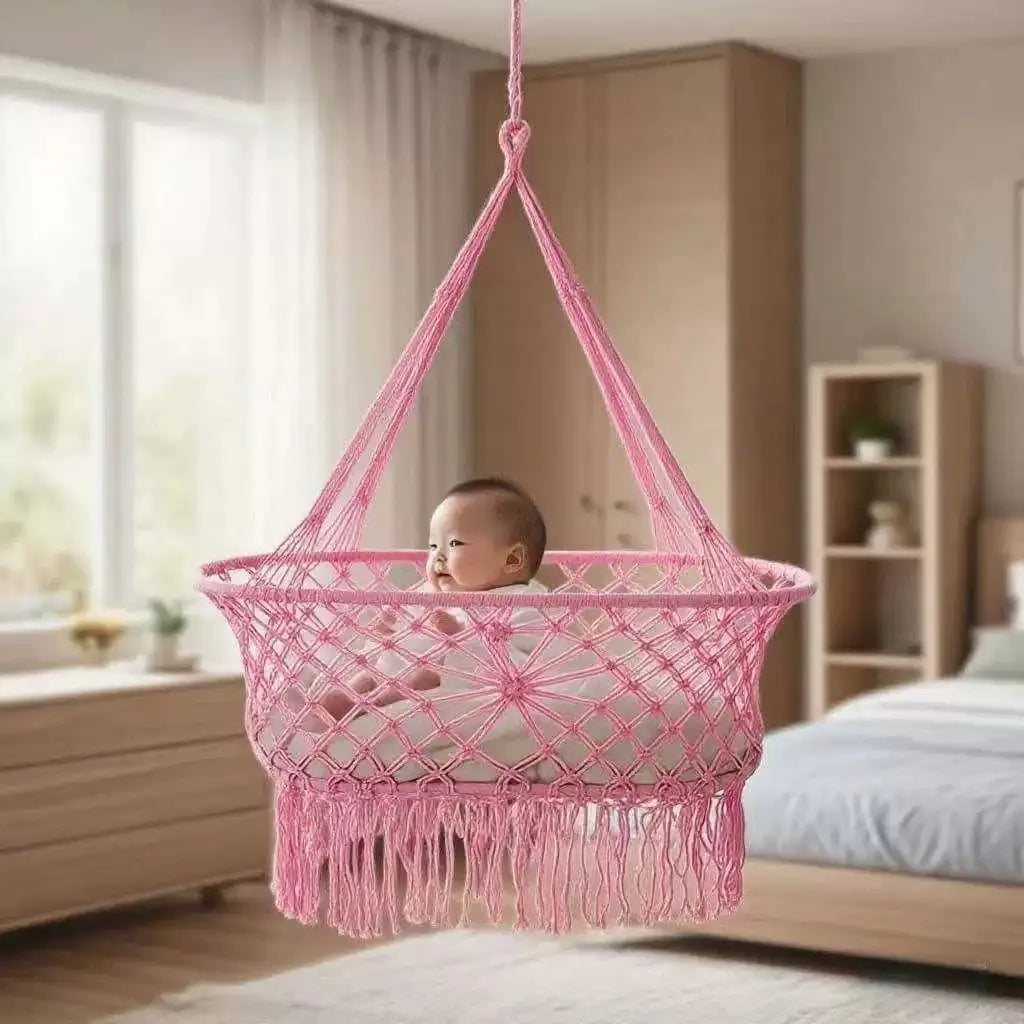 Cuna para Bebé, Cesta Colgante y Columpio Portátil para Guardería Infantil con Flecos de Cuerda