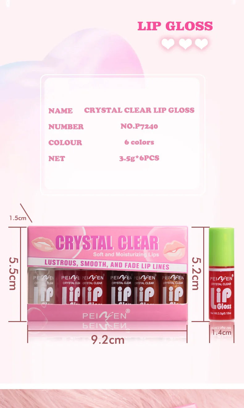 Juego de 6 piezas de brillo de labios con espejo de cristal, bálsamo labial ligero hidratante, brillo brillante, tinte transparente, melocotón, cereza, rosa