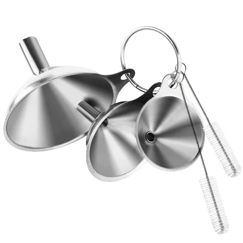 Juego de embudos de acero inoxidable, embudos metálicos de calidad alimentaria con cepillo de limpieza para llenar botellas, herramienta de filtro de aceite y líquido de cocina, 3 uds.