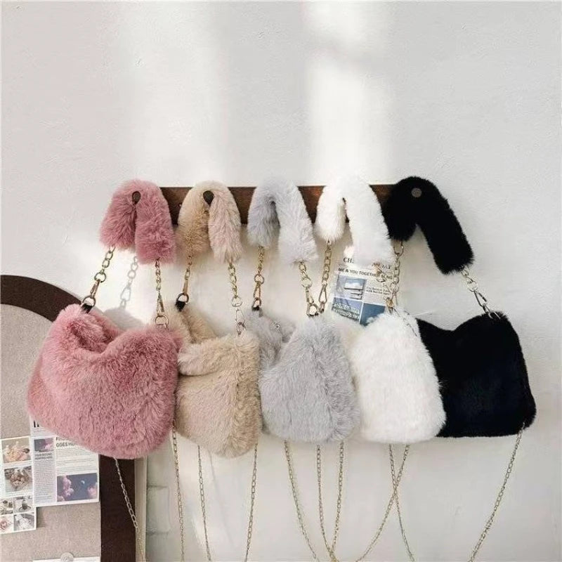 Bolso de mano de piel sintética de felpa para otoño e invierno, bandolera pequeña con cadena cuadrada, bolso de compras cálido y esponjoso a la moda