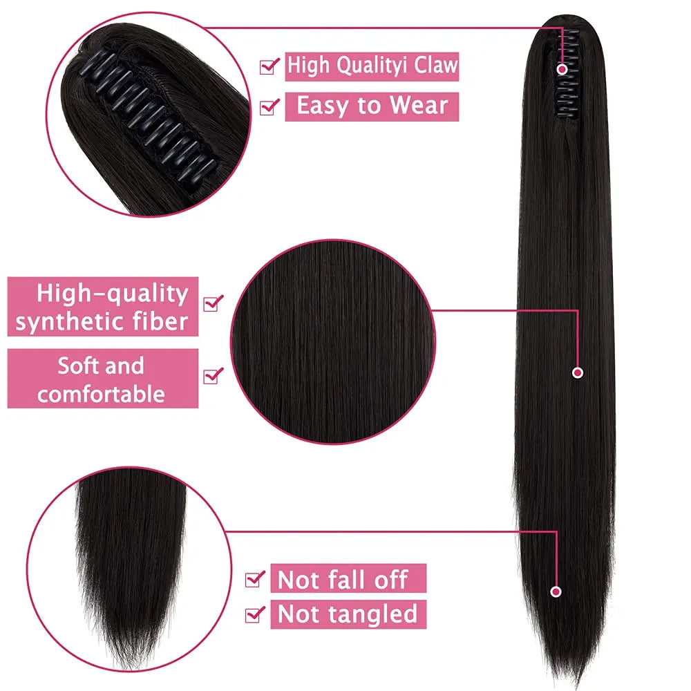 Extensiones de cabello de cola de caballo recta larga sintética, Clip de mandíbula de garra de 22 pulgadas en extensiones de cabello para mujeres, postizos de fibra sintética