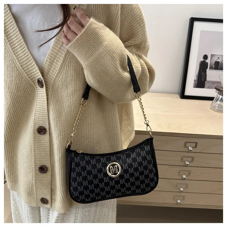 Bolso retro francés para axila, bolso de un hombro con estampado de letras y cadena cuadrada cruzada diagonal para mujer