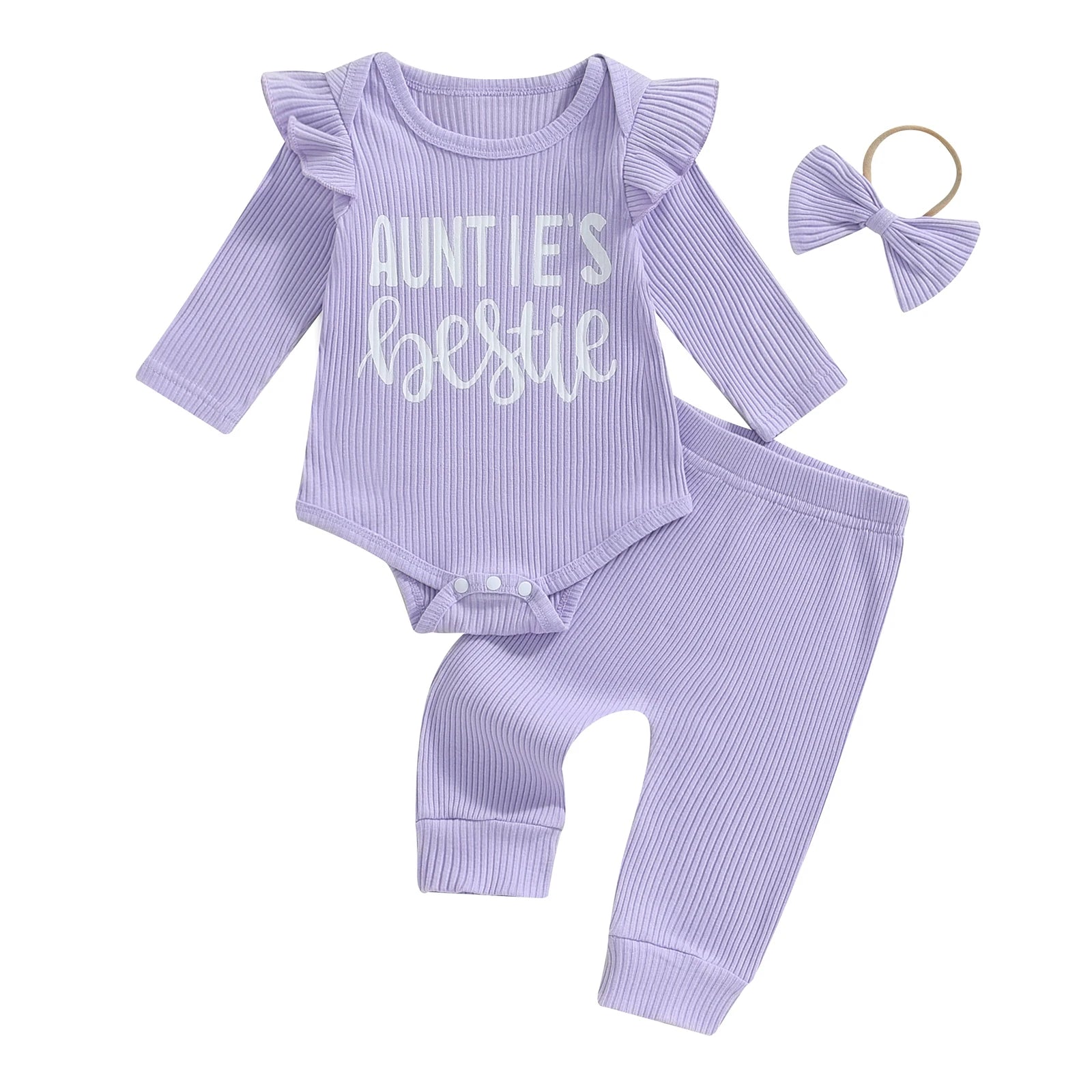 Conjunto de 3 piezas para niñas de 0 a 12 meses, pelele con volantes y manga larga con estampado de letras, Tops, pantalones largos, trajes con banda para el pelo