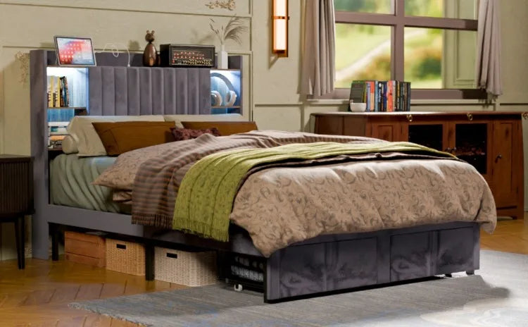 Base de Cama de Plataforma de Madera con Cajones de Almacenamiento, Tamaño Matrimonial, con Luces LED y Estación de Carga, No Requiere Somier, Gris