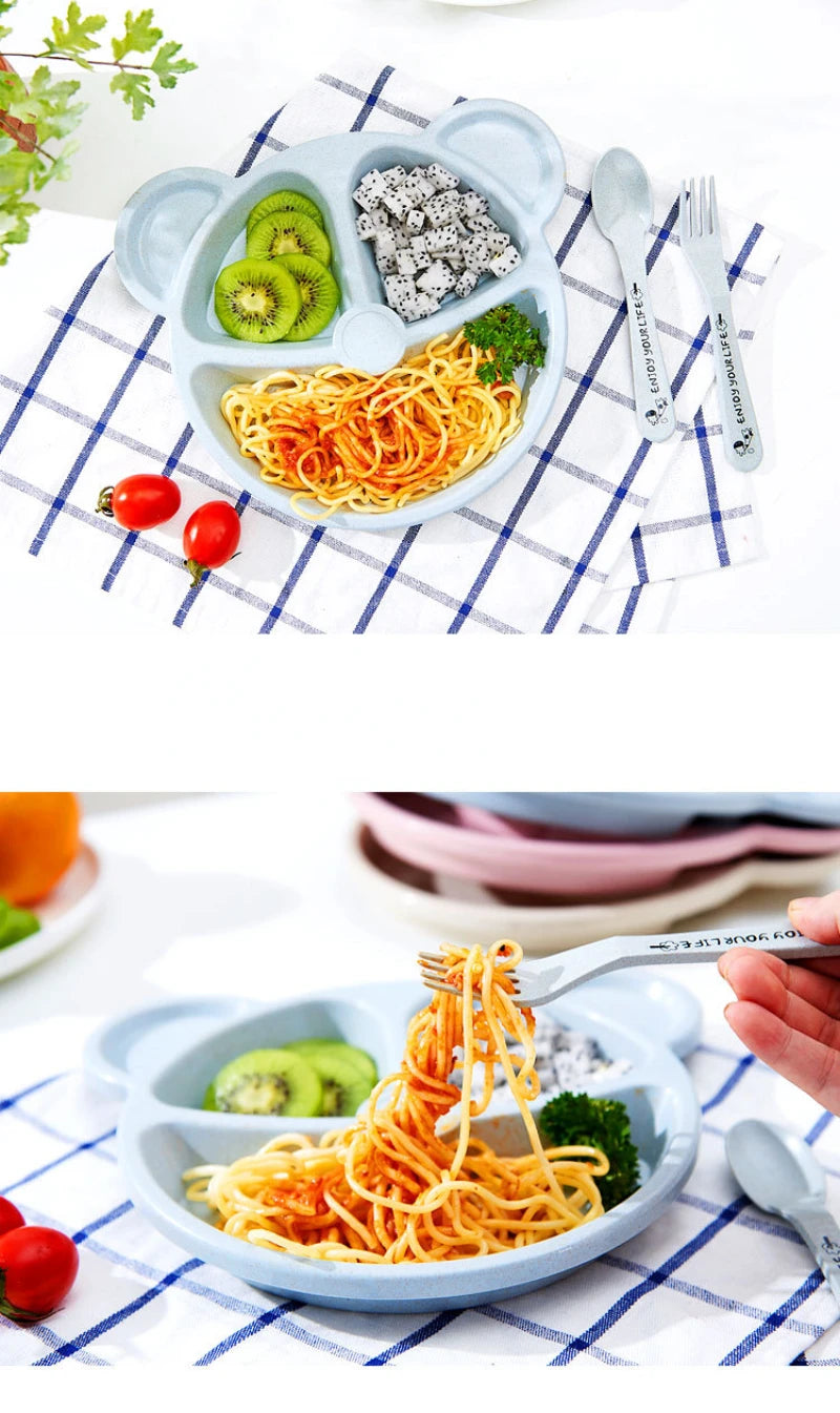 3 unids/set vajilla de alimentación de comida para bebé tazón de oso de dibujos animados + cuchara + tenedor vajilla para comer platos para niños plato de comedor para niños
