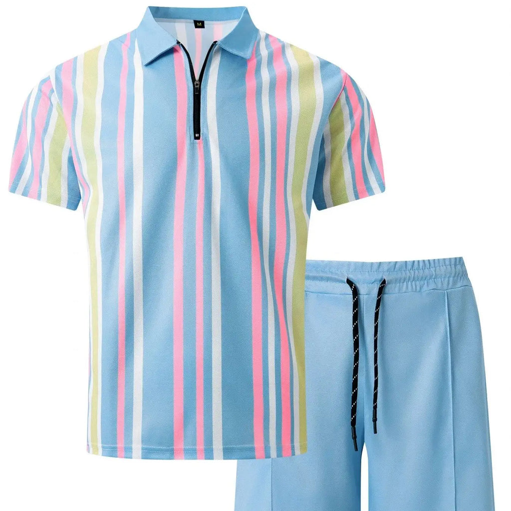 NOVEDAD DE VERANO 2025, pantalones cortos informales de manga corta a rayas para hombre, traje deportivo informal de dos piezas para hombre
