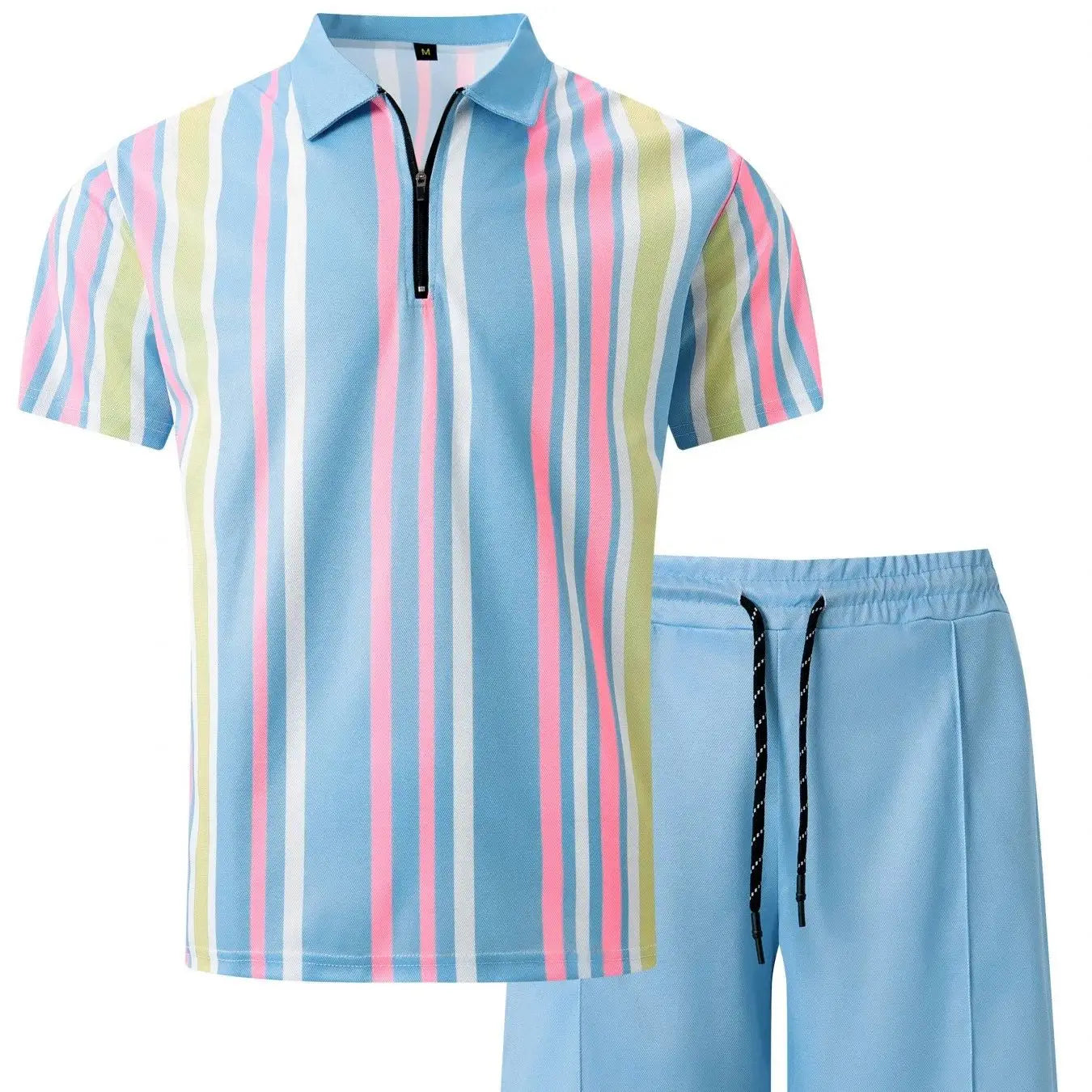 NOVEDAD DE VERANO 2025, pantalones cortos informales de manga corta a rayas para hombre, traje deportivo informal de dos piezas para hombre