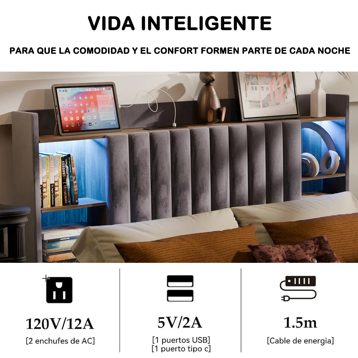 Base de Cama con Almacenamiento y Cabecero de Terciopelo, Estación de Carga, Bases de Cama Regulables, Cama de Lujo con Cabecero de Ala, Muebles de Lujo