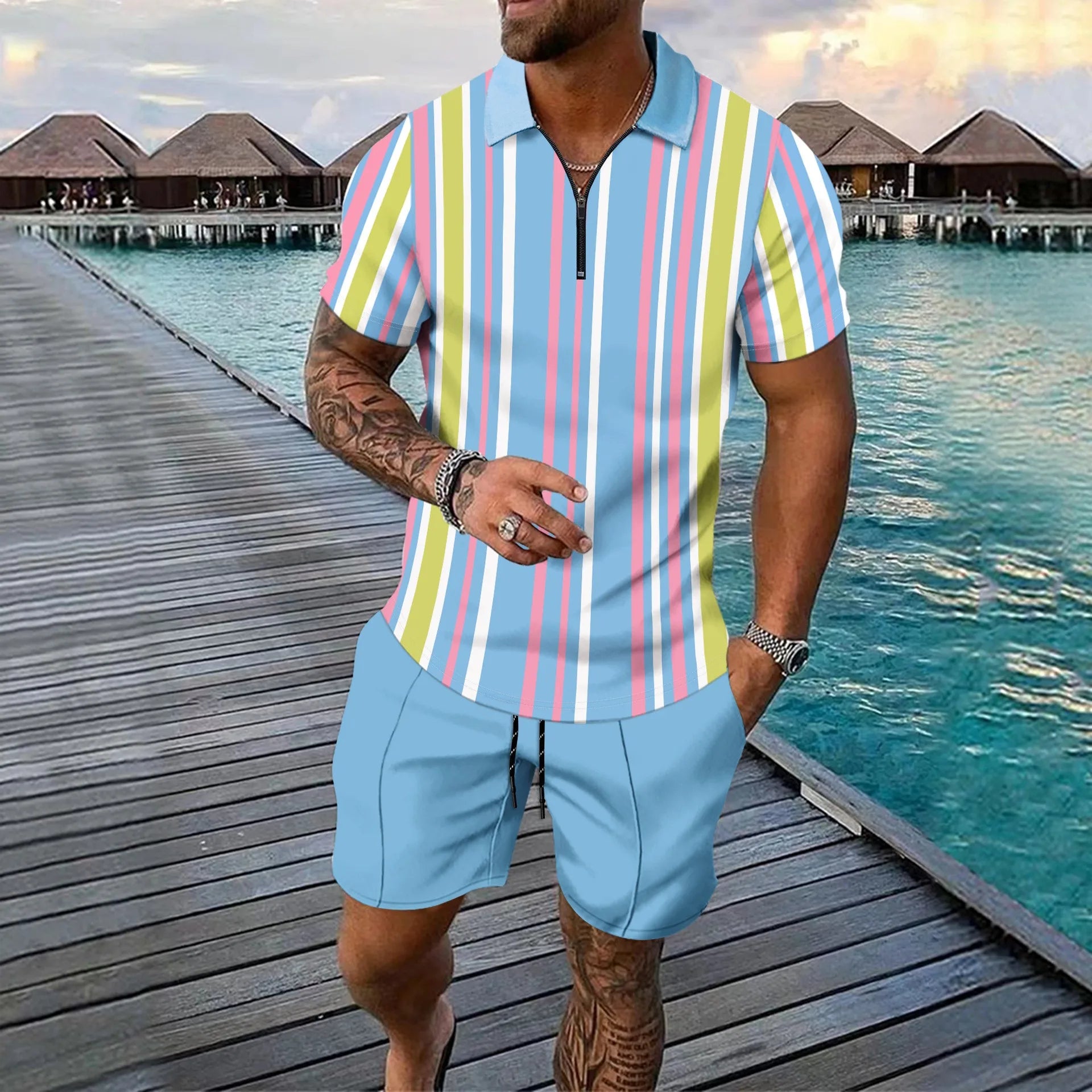 NOVEDAD DE VERANO 2025, pantalones cortos informales de manga corta a rayas para hombre, traje deportivo informal de dos piezas para hombre