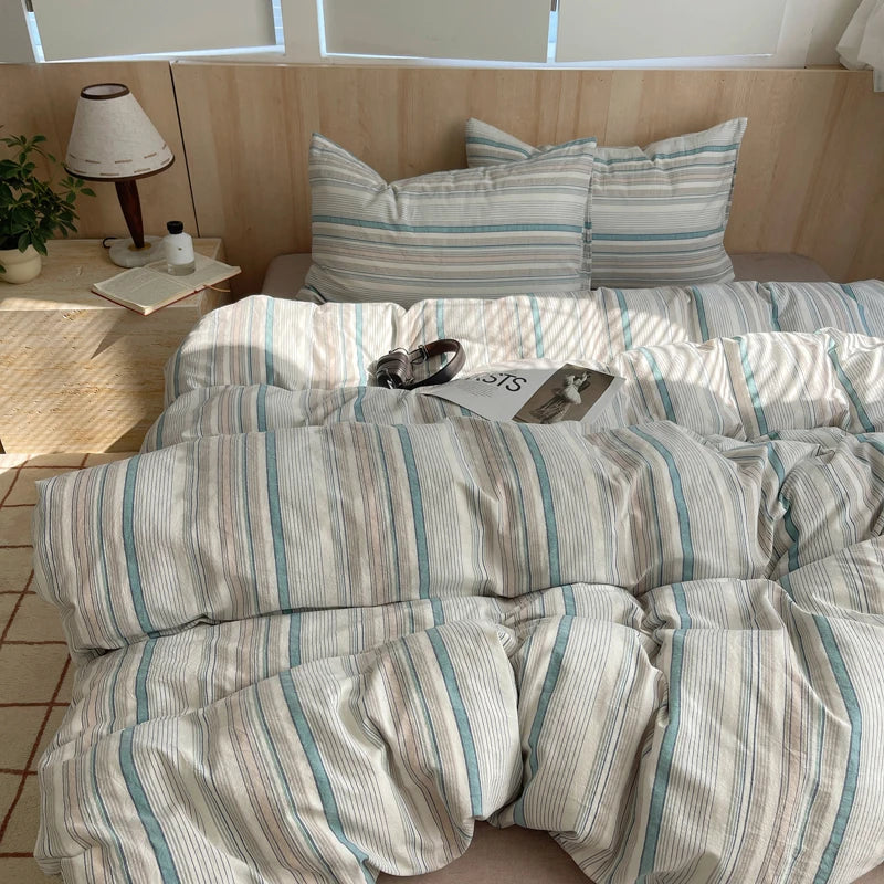 Juego de cama suave de algodón 100%, funda nórdica con estampado de rayas y funda de almohada, ropa de cama, colcha, fundas de almohada, juegos de edredón