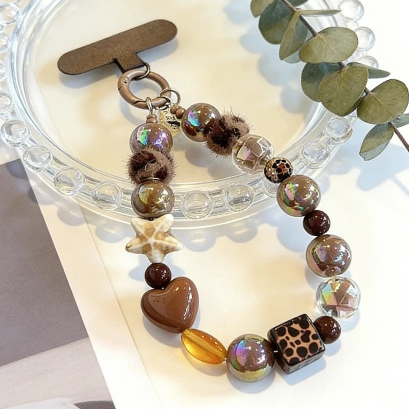 Lujoso Colgante de Pulsera con Estampado de Leopardo y Estrella de Diamantes de Imitación, Correa Corta de Felpa para Teléfono, Cadena para Auriculares de Teléfono