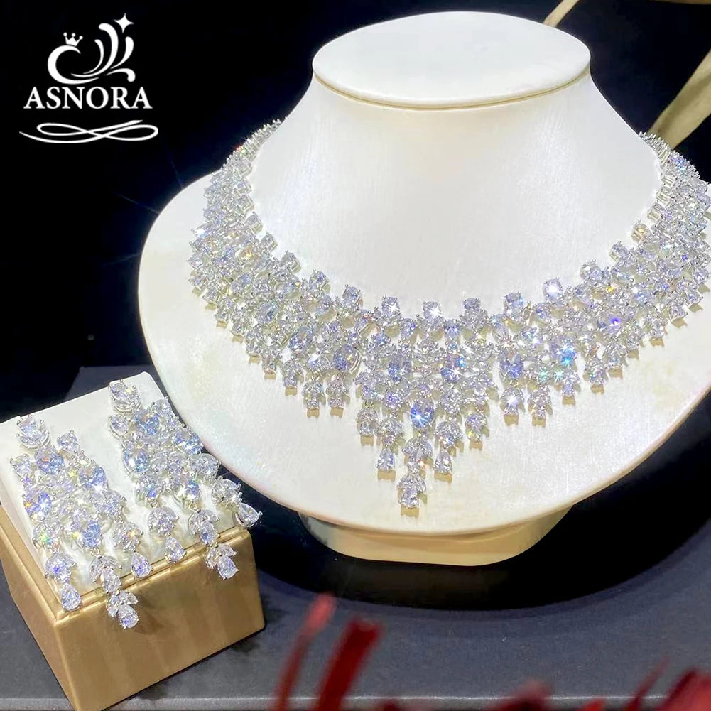 ASNORA-Juego de joyería nupcial de Dubái para boda, diseño Floral de lujo, 2 uds., circonita cúbica brillante, collar, pendientes colgantes X0202