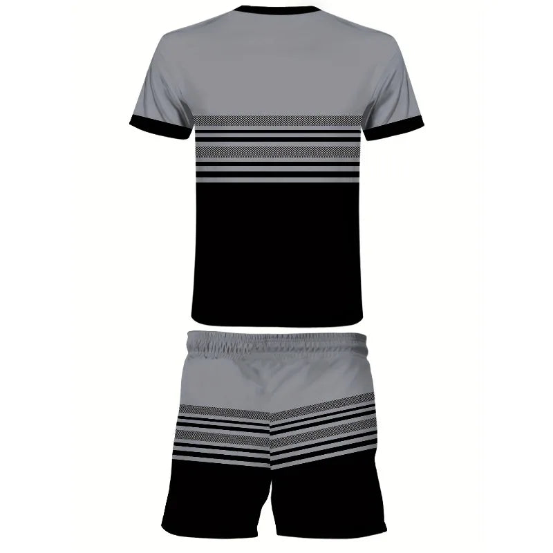Conjunto informal de dos piezas con estampado 3D a rayas para hombre, camiseta de manga corta y pantalones cortos, conjunto para deportes al aire libre diarios de tela de poliéster