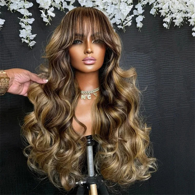 Resaltar Rubio degradado cuerpo onda peluca con malla Frontal con flequillo 13x4 HD peluca Frontal de encaje para mujeres sintético de alta calidad uso diario