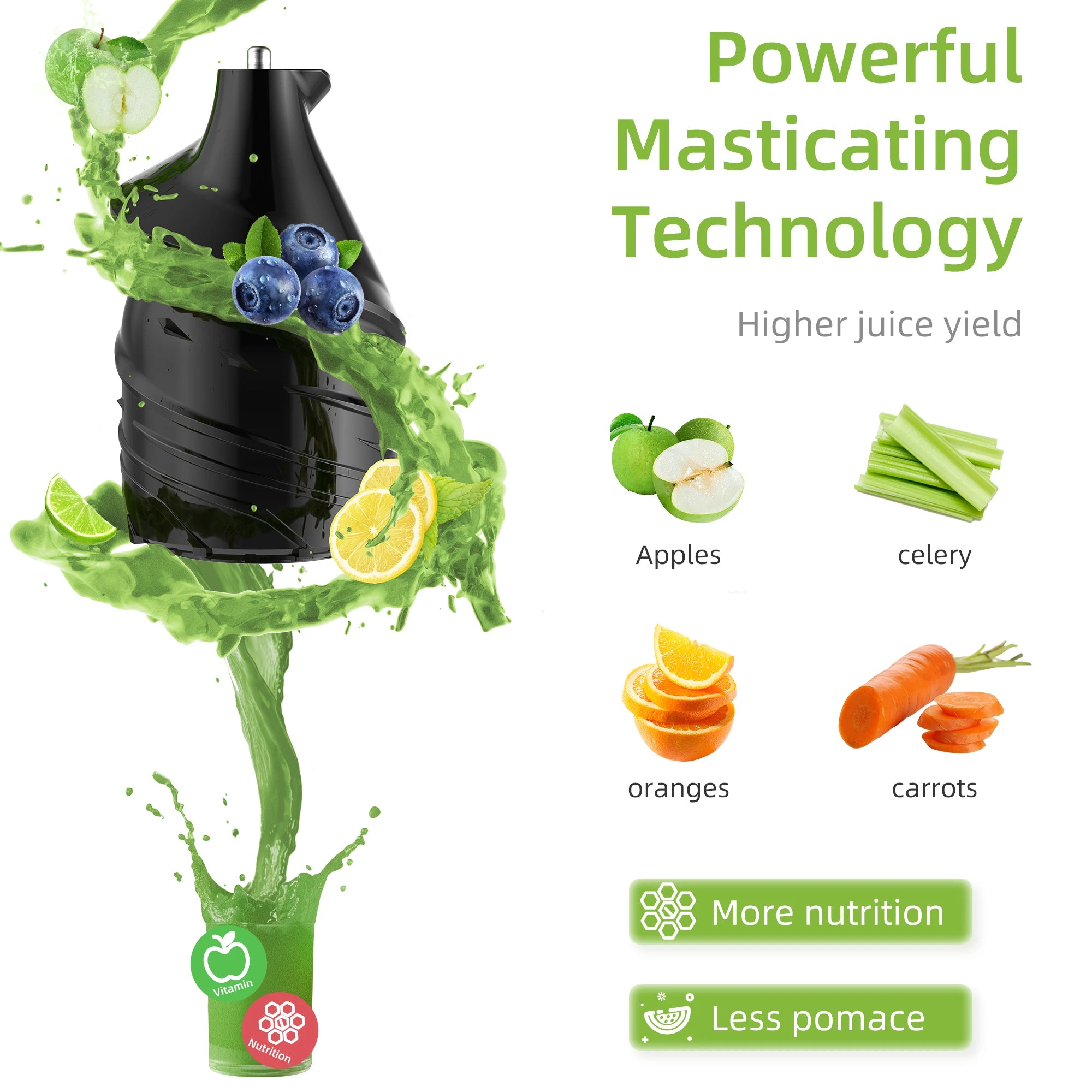 BioloMix-exprimidor de prensa en frío con conducto de alimentación de 78mm, potente Motor de 200W, 40-65RPM, Extractor de zumo de masticulación lenta, se adapta a frutas completas
