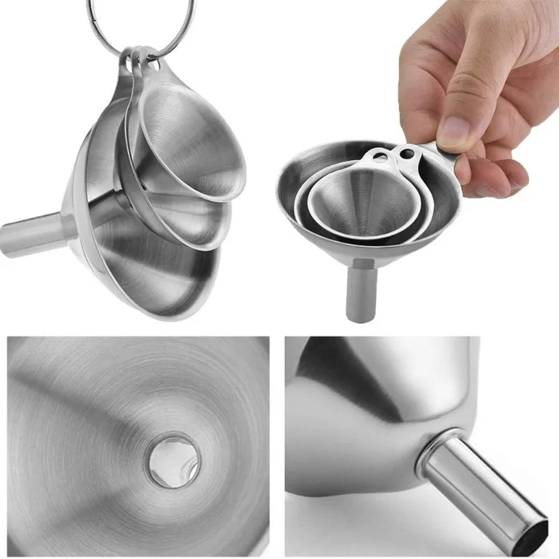 Juego de embudos de acero inoxidable, embudos metálicos de calidad alimentaria con cepillo de limpieza para llenar botellas, herramienta de filtro de aceite y líquido de cocina, 3 uds.