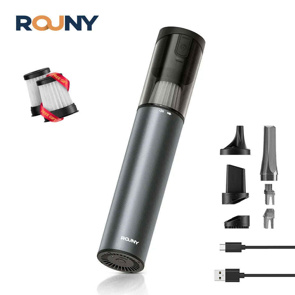 ROUNY Mini aspiradora inalámbrica de mano, succión y soplador sin escobillas de 2 velocidades, 70W, carga tipo C, para coche/hogar/teclado