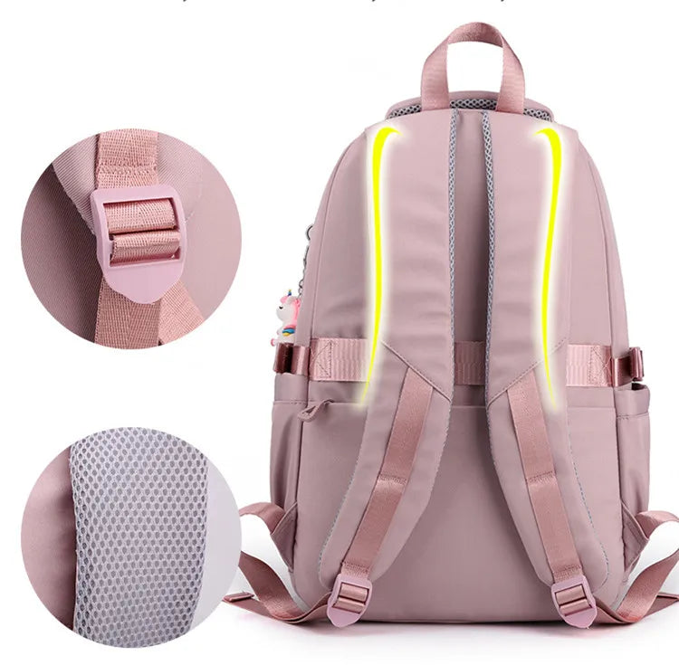 Mochila escolar de nailon con colgante para niñas, de viaje con múltiples bolsillos morral, impermeable, informal, estilo Simple