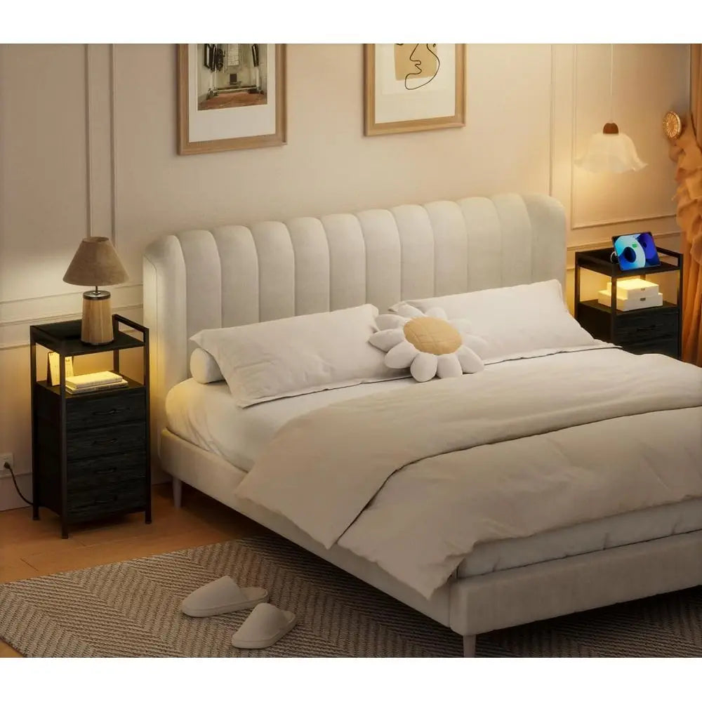Mesa de Noche para Recámara con Estación de Carga, 2 Enchufes y 2 Puertos USB, Muebles para Recámara