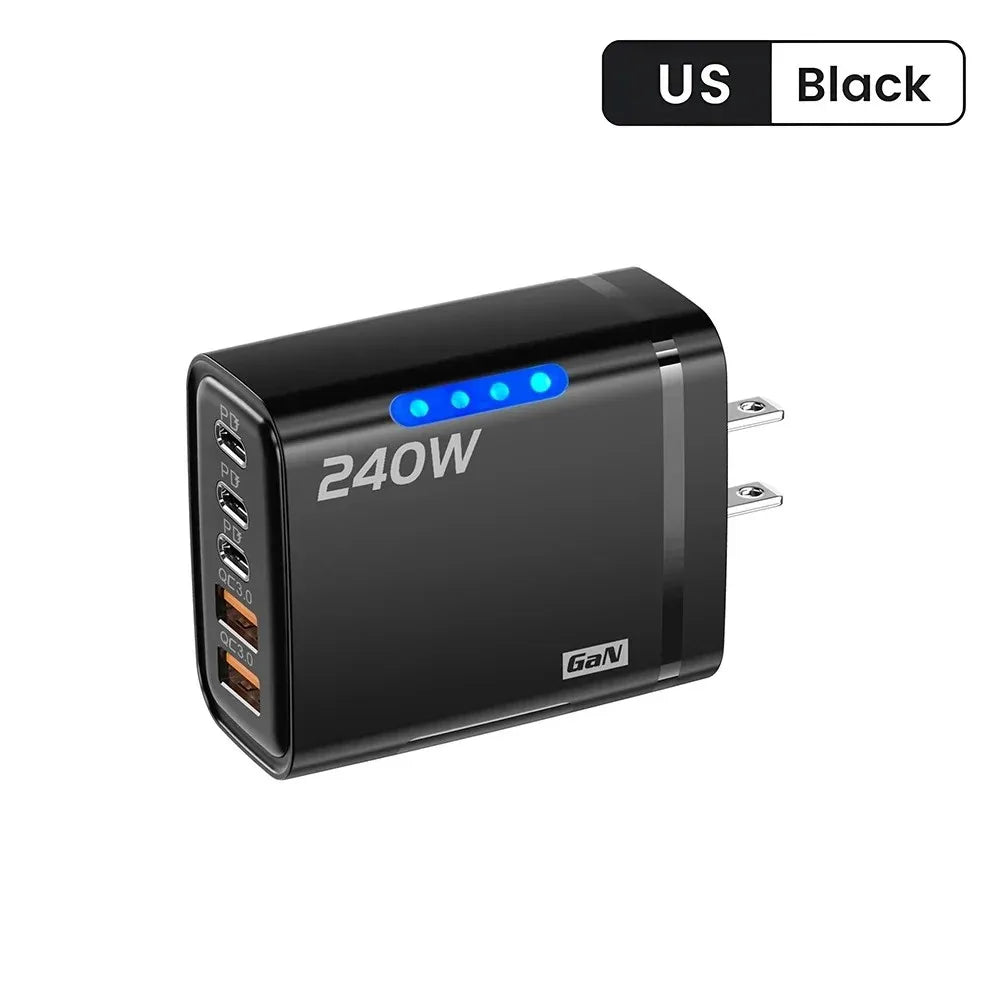 Cargador USB C GaN 5 en 1 de 240W, adaptador de carga rápida para teléfono, PD QC3.0, enchufe europeo/estadounidense/británico, cargador de pared para iPhone, Samsung, Xiaomi