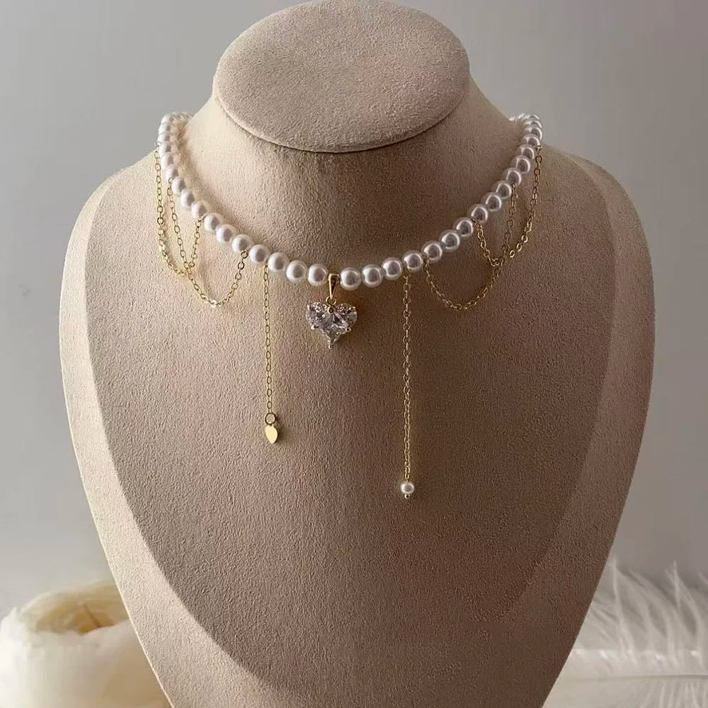 Collar con colgante de cadena con borlas a la moda para mujer, cadena de perlas de imitación y cristal transparente bohemio, joyería, regalo de San Valentín N0538