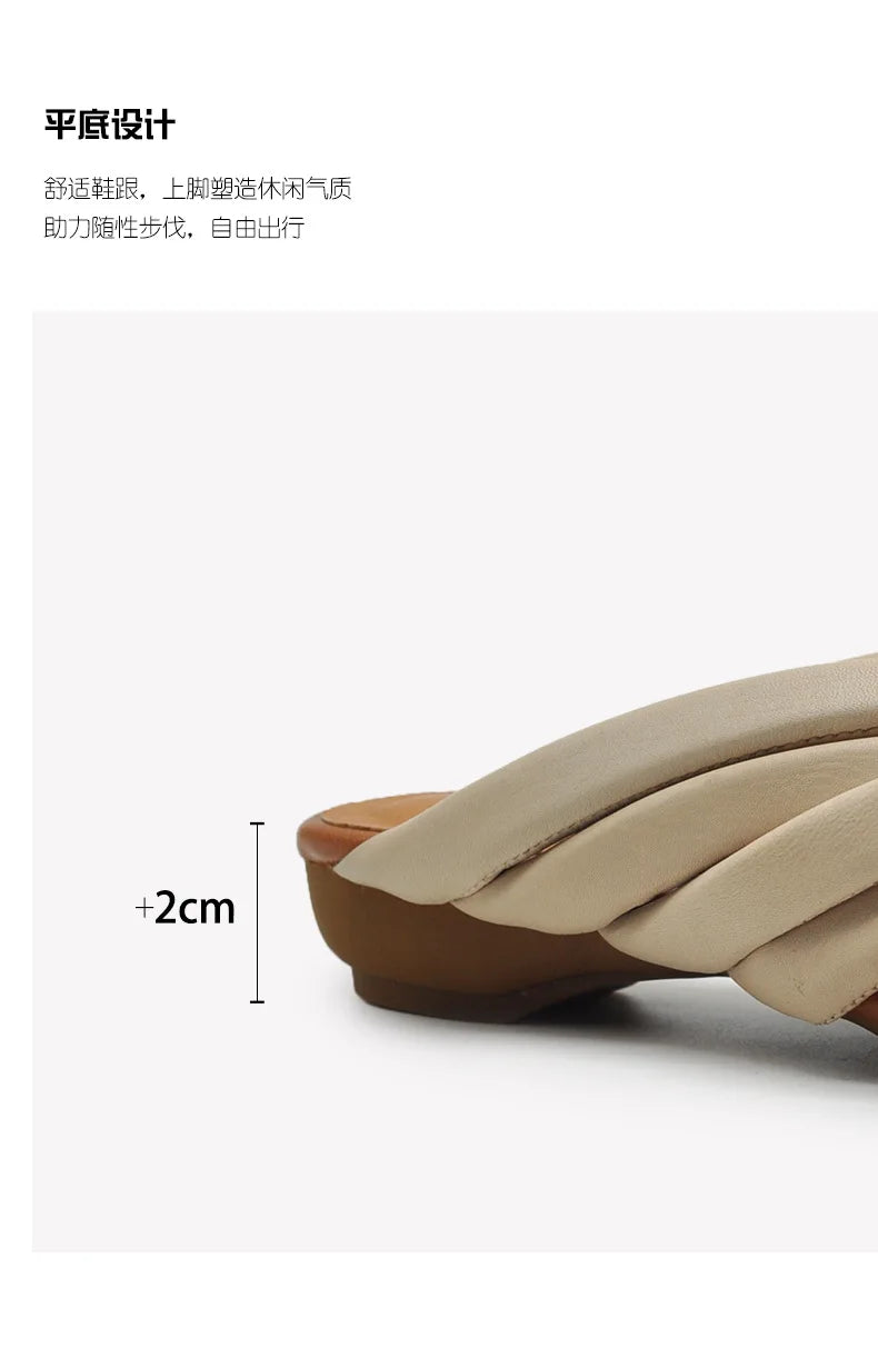 Sandalias Planas de Cuero Genuino para Mujer, Verano 2026, Diseño Abierto con Correa Anudada Única, para Uso en Exteriores
